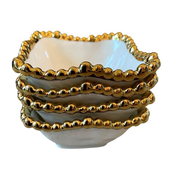 Perla White Porcelain Tidbit Bowls with Gold Beaded Edge 4in Square Set of 4 NEW - Picture 1 of 16